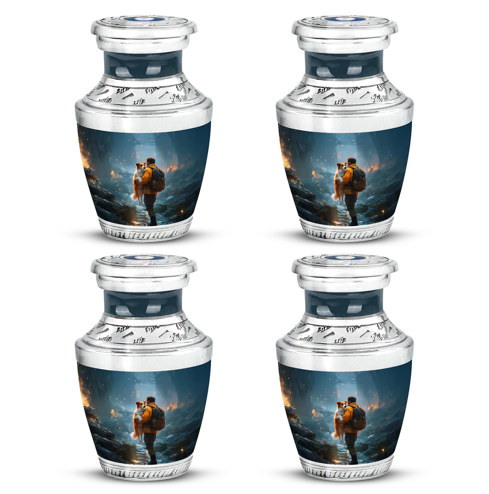 Calming Blue Firefighter Cremation Urn back view with polished surface - stylized abstract firefighter pattern with bold lines - 10 inch aluminum urn for cremated remains