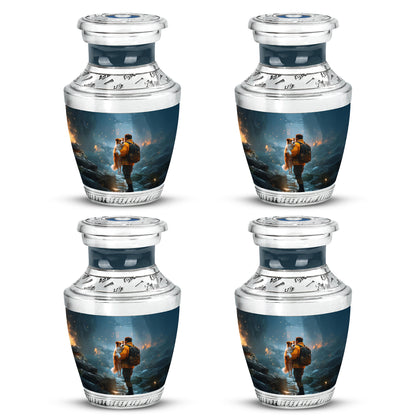 Calming Blue Firefighter Cremation Urn back view with polished surface - stylized abstract firefighter pattern with bold lines - 10 inch aluminum urn for cremated remains
