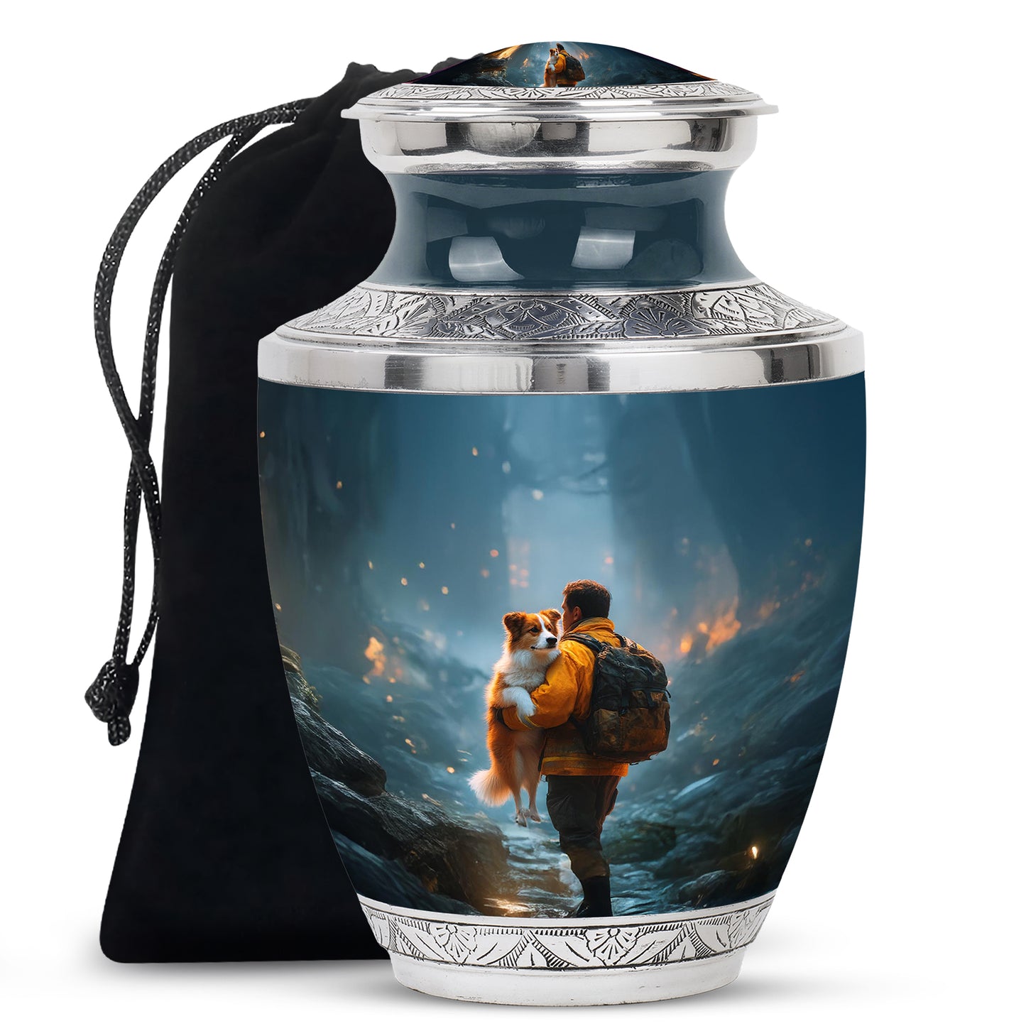 Bright Blue Firefighter Cremation Urn side profile showing urn shape - stylized abstract firefighter pattern with bold lines - full-size 10 inch 200 cubic inch adult cremation urn