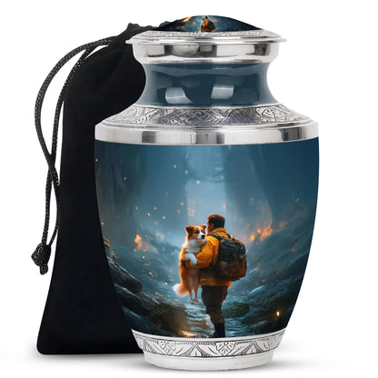 Bright Blue Firefighter Cremation Urn side profile showing urn shape - stylized abstract firefighter pattern with bold lines - full-size 10 inch 200 cubic inch adult cremation urn