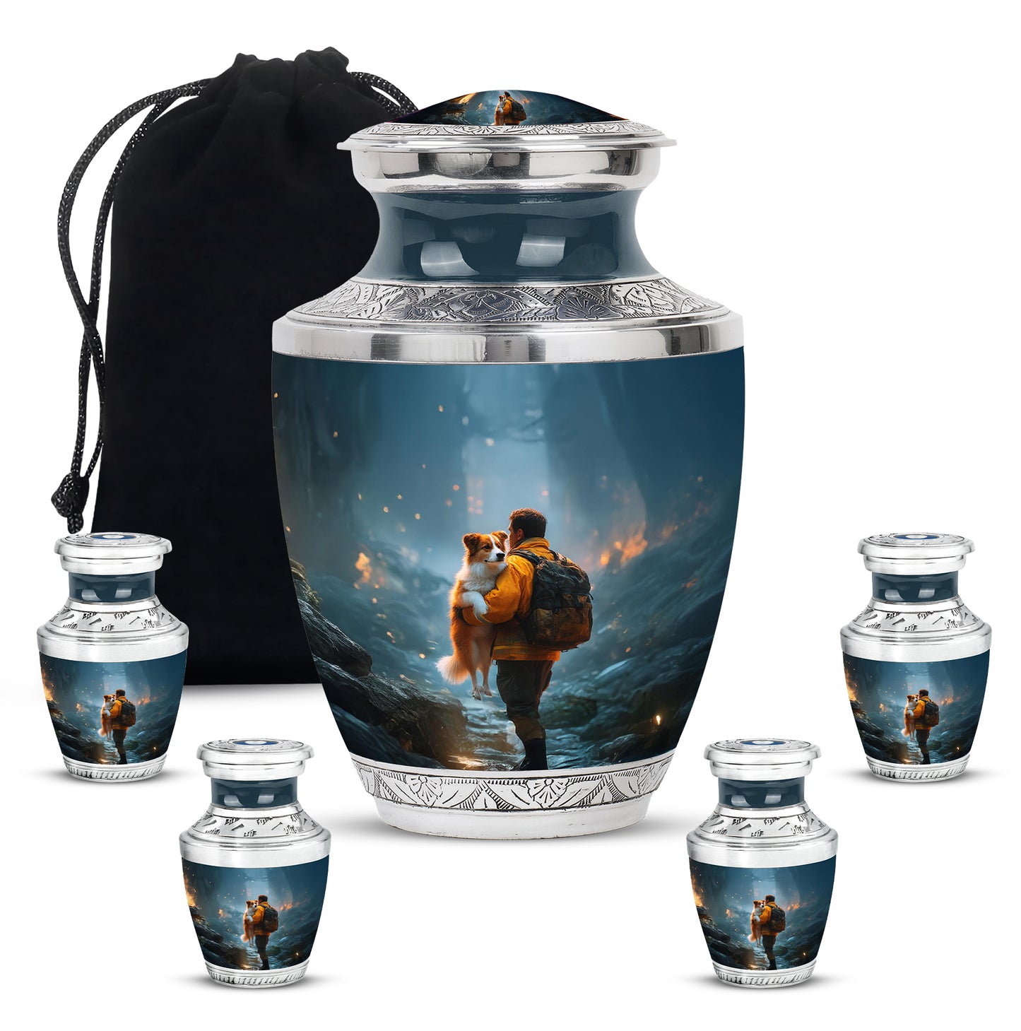 Powder Blue Firefighter Cremation Urn lifestyle display on memorial shelf - contemporary firefighter design with modern artistic flair - memorial set with one large and four small urns