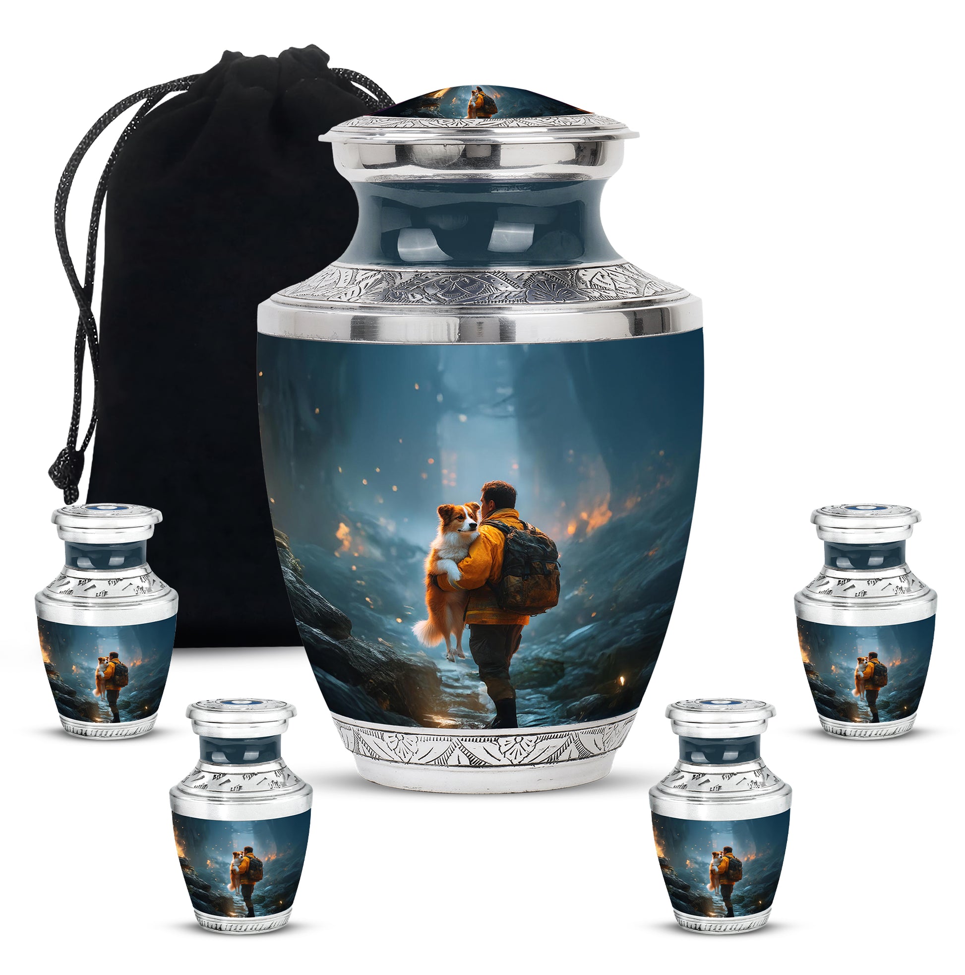 Powder Blue Firefighter Cremation Urn lifestyle display on memorial shelf - contemporary firefighter design with modern artistic flair - memorial set with one large and four small urns