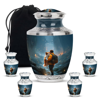 Powder Blue Firefighter Cremation Urn lifestyle display on memorial shelf - contemporary firefighter design with modern artistic flair - memorial set with one large and four small urns