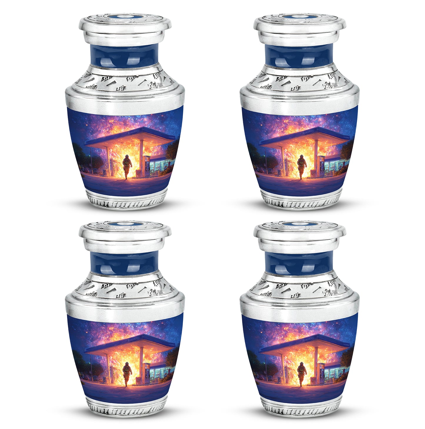 Misty Blue Firefighter Cremation Urn back view with polished surface - modern art-inspired firefighter motif on sleek aluminum - 10 inch aluminum urn for cremated remains