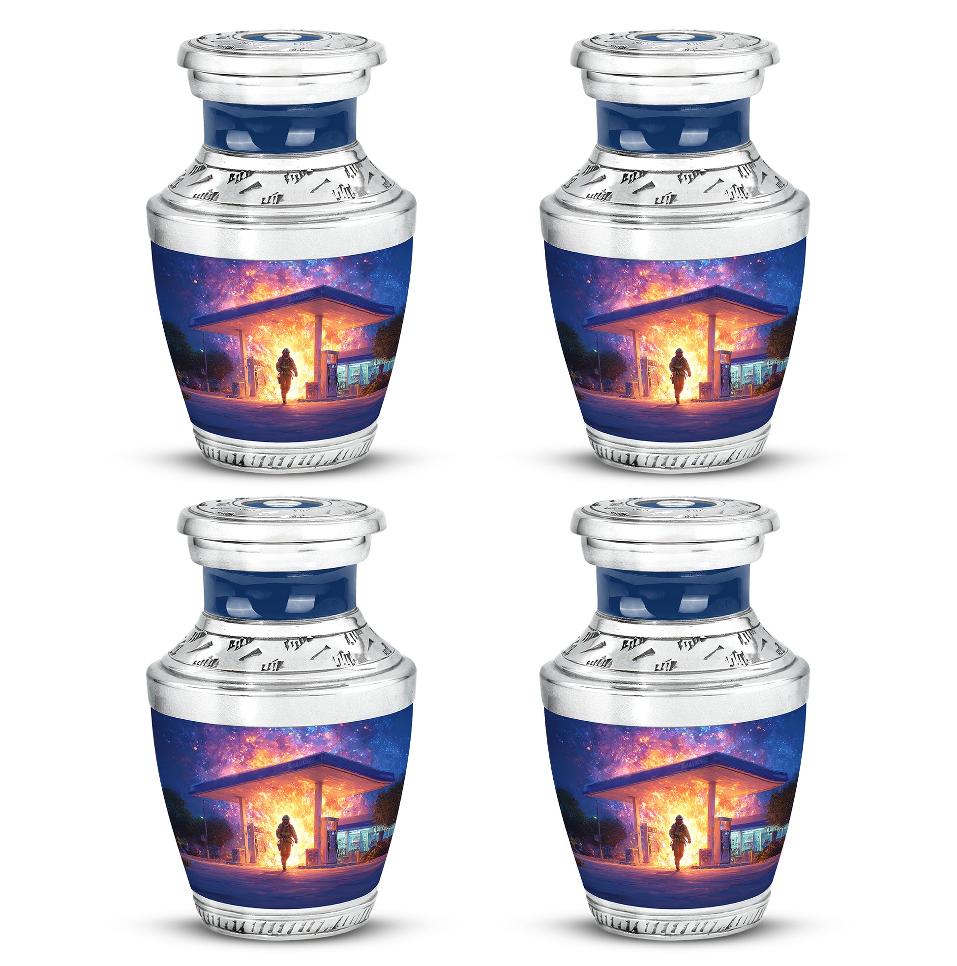 Misty Blue Firefighter Cremation Urn back view with polished surface - modern art-inspired firefighter motif on sleek aluminum - 10 inch aluminum urn for cremated remains