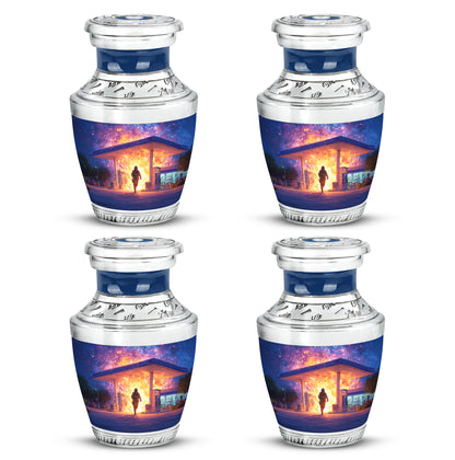 Misty Blue Firefighter Cremation Urn back view with polished surface - modern art-inspired firefighter motif on sleek aluminum - 10 inch aluminum urn for cremated remains