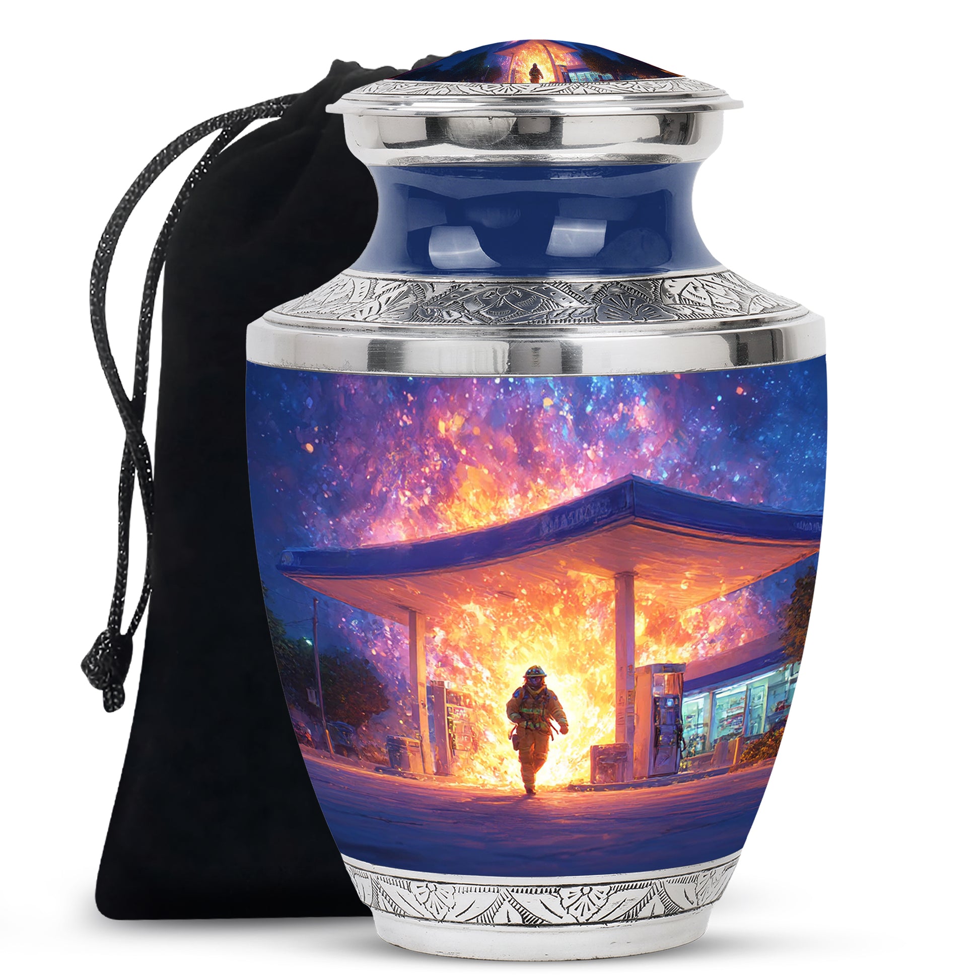 Calming Blue Firefighter Cremation Urn side profile showing urn shape - artistic firefighter interpretation with creative detail - full-size 10 inch 200 cubic inch adult cremation urn