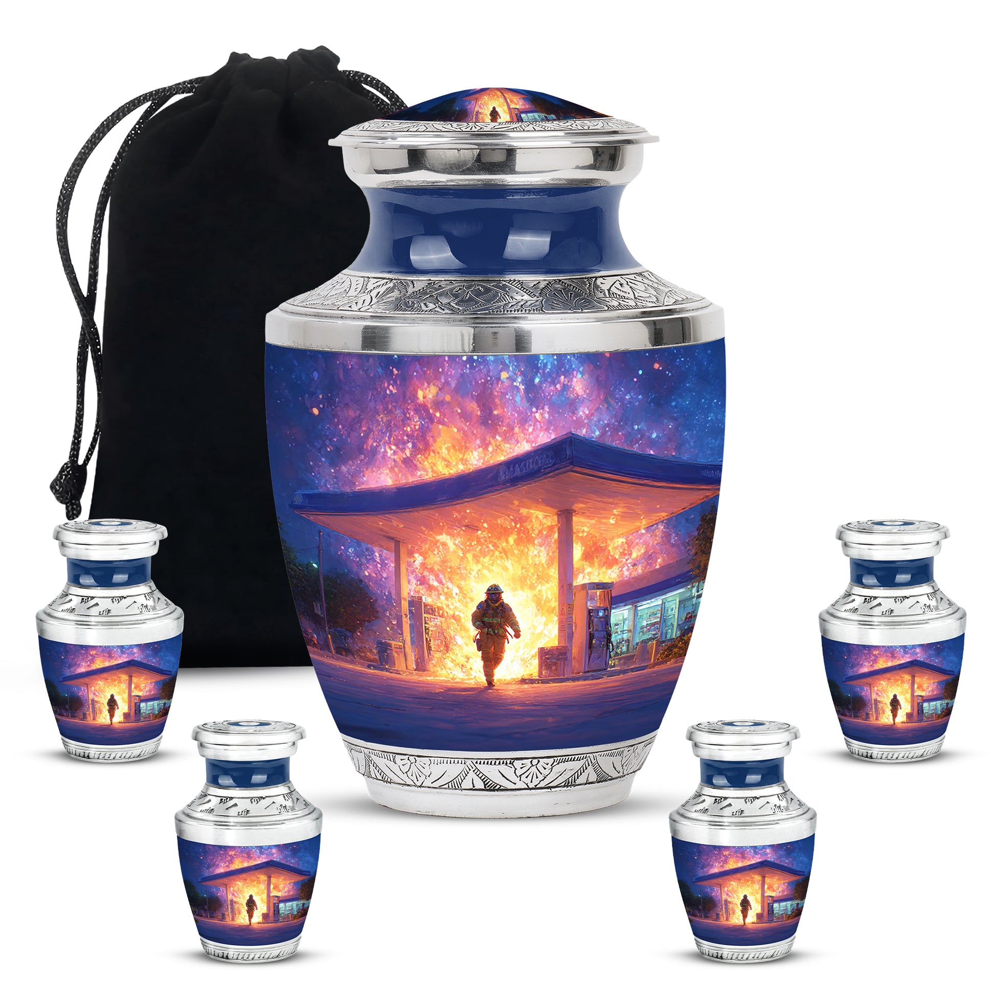 Celestial Blue Firefighter Cremation Urn lifestyle display on memorial shelf - modern art-inspired firefighter motif on sleek aluminum - memorial set with one large and four small urns