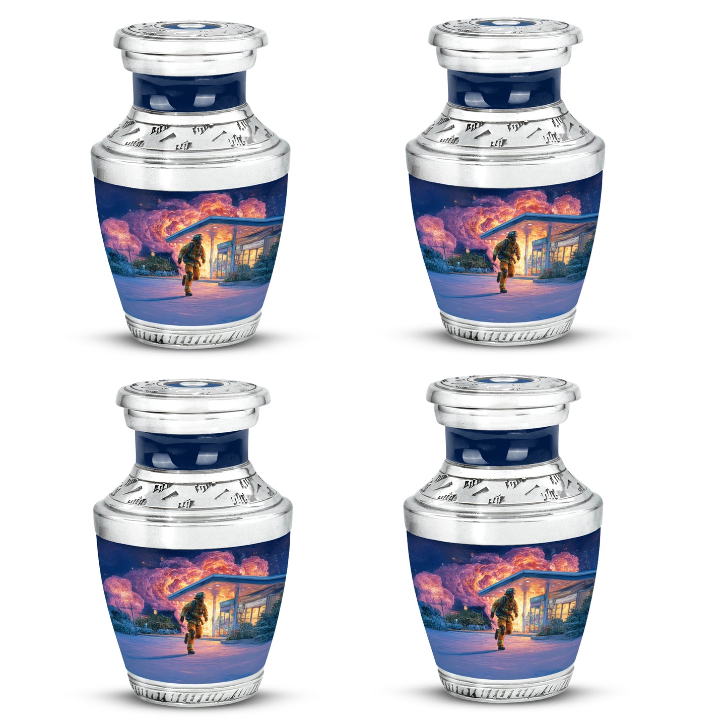 Navy Blue Firefighter Cremation Urn back view with polished surface - contemporary firefighter design with modern artistic flair - 10 inch aluminum urn for cremated remains