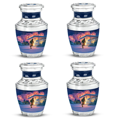 Navy Blue Firefighter Cremation Urn back view with polished surface - contemporary firefighter design with modern artistic flair - 10 inch aluminum urn for cremated remains