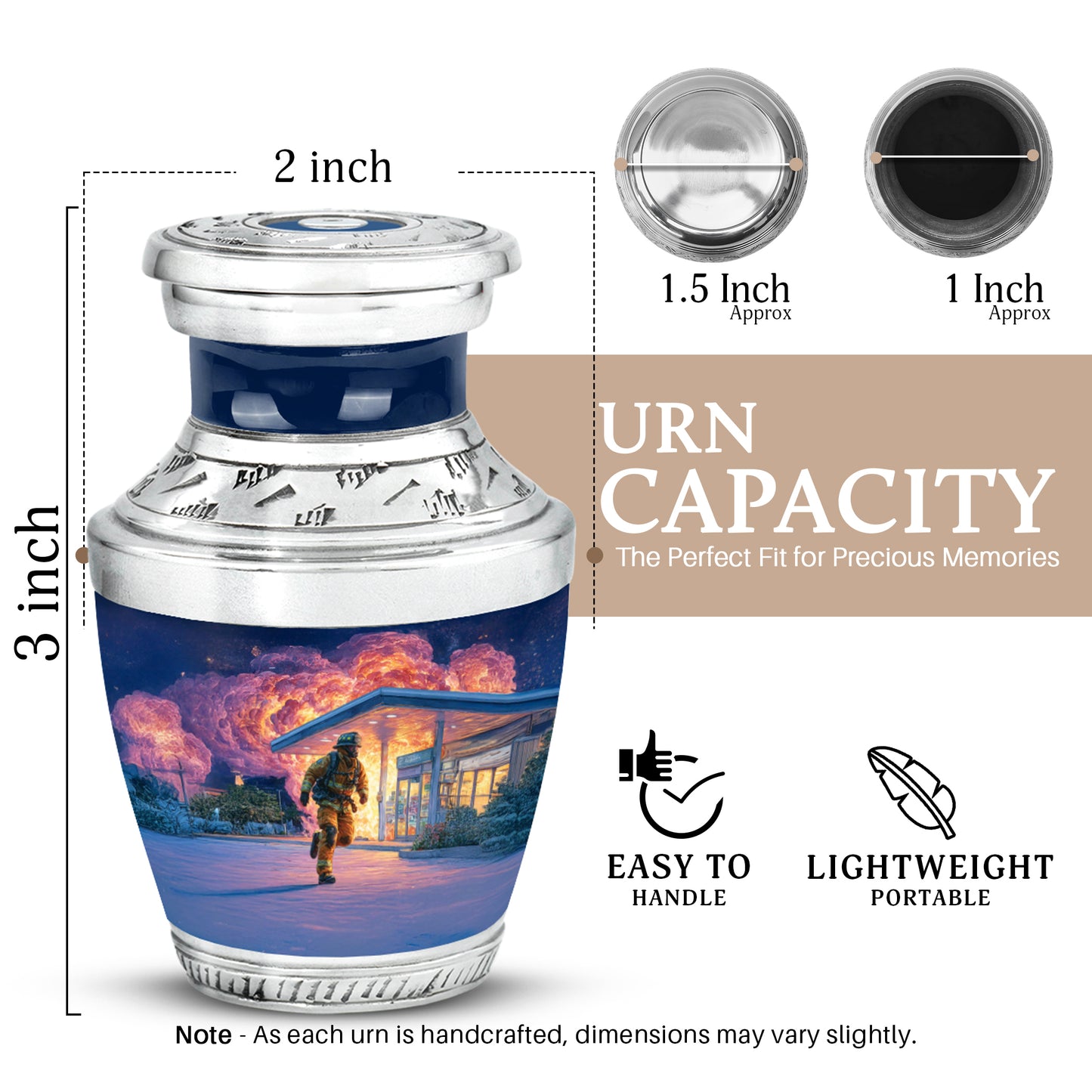 Indigo Firefighter Cremation Urn top-down view of secure threaded lid - contemporary firefighter design with modern artistic flair - mini keepsake memorial for portion of cremation ashes