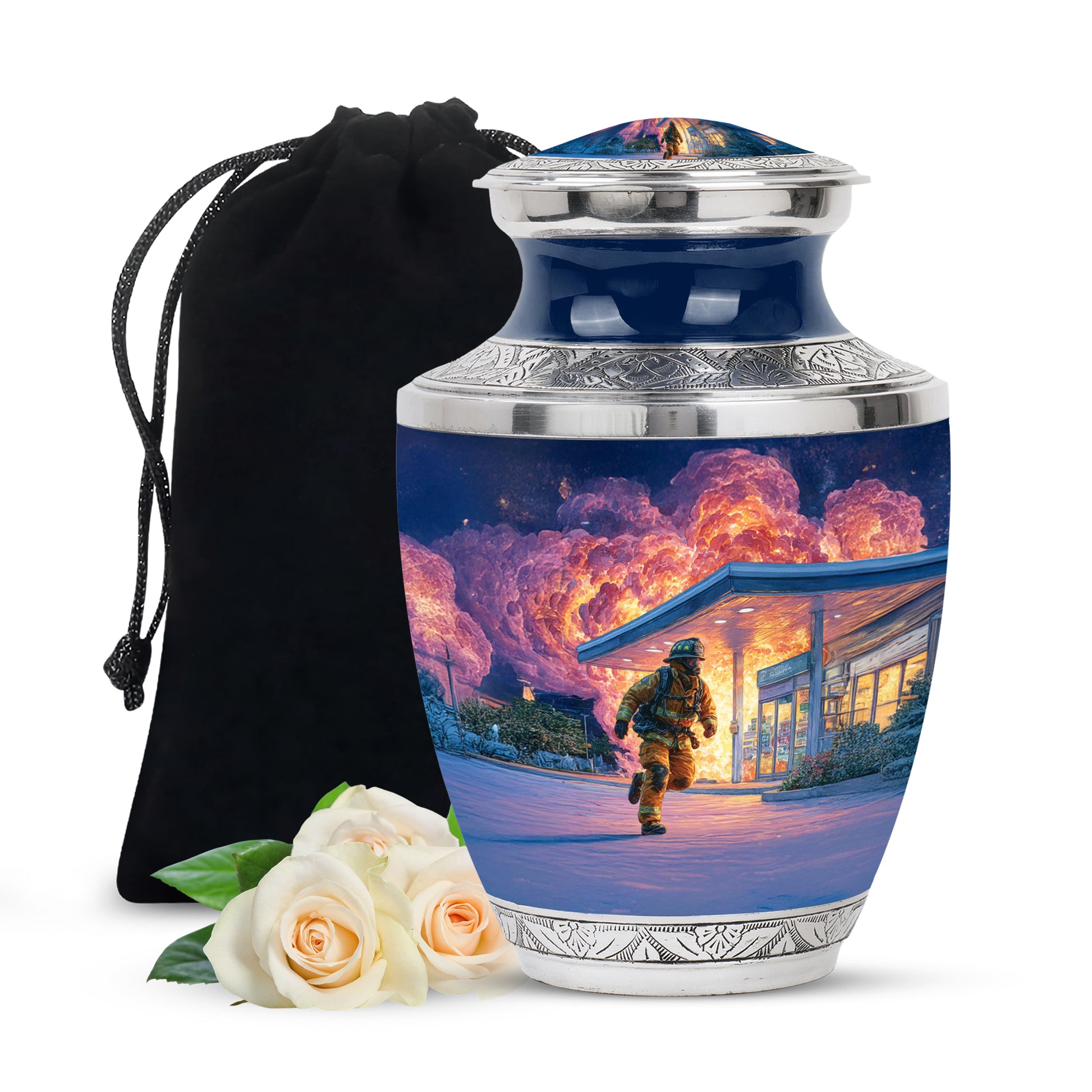 Dusty Blue Firefighter Cremation Urn side profile showing urn shape - modern art-inspired firefighter motif on sleek aluminum - full-size 10 inch 200 cubic inch adult cremation urn