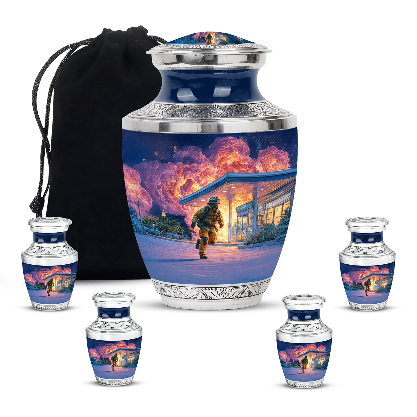Celestial Blue Firefighter Cremation Urn lifestyle display on memorial shelf - contemporary firefighter design with modern artistic flair - memorial set with one large and four small urns
