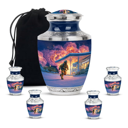 Celestial Blue Firefighter Cremation Urn lifestyle display on memorial shelf - contemporary firefighter design with modern artistic flair - memorial set with one large and four small urns