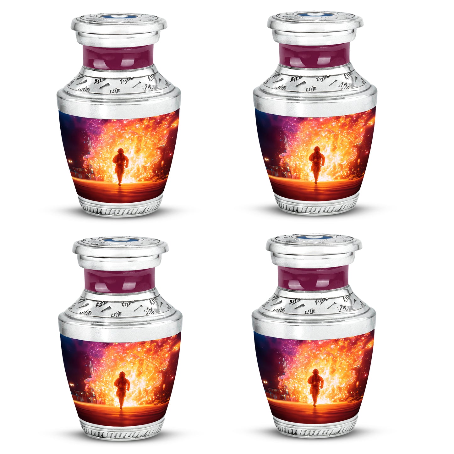 Dusty Pink Firefighter Cremation Urn back view with polished surface - stylized abstract firefighter pattern with bold lines - 10 inch aluminum urn for cremated remains