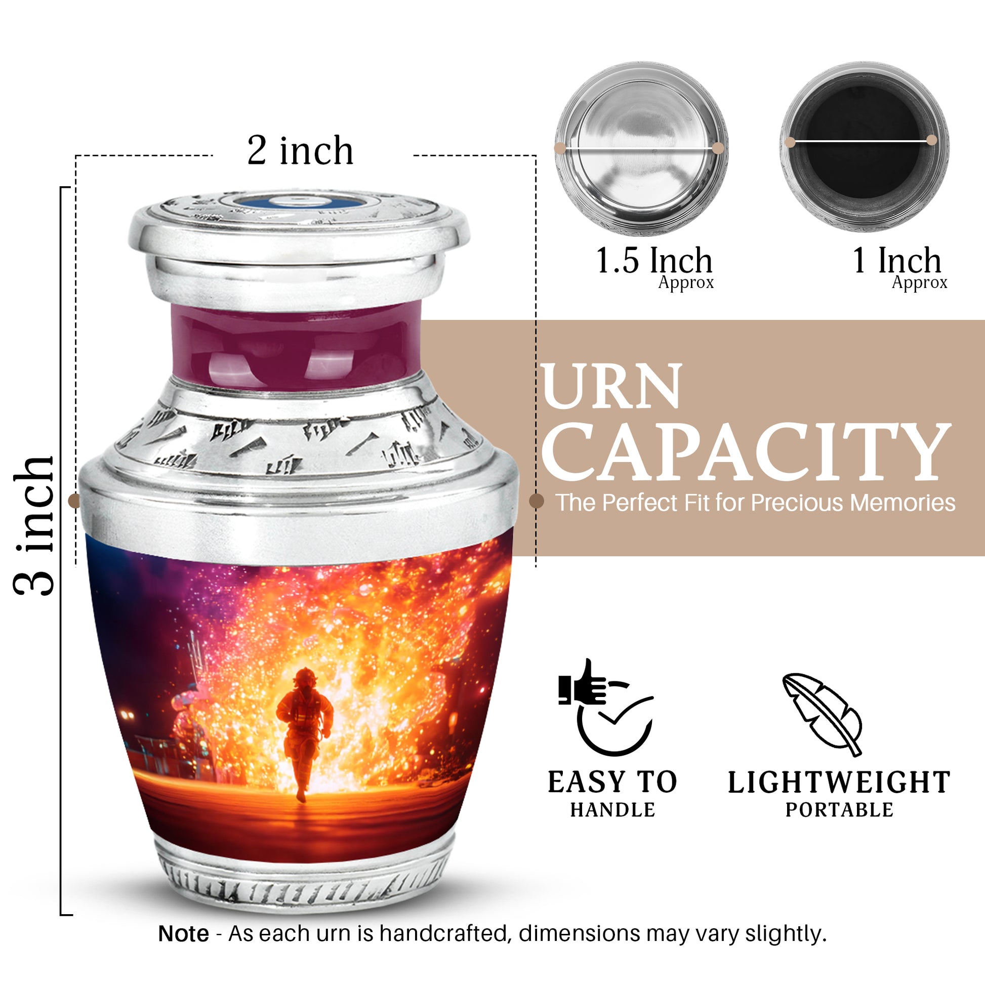 Salmon Pink Firefighter Cremation Urn top-down view of secure threaded lid - artistic firefighter interpretation with creative detail - mini keepsake memorial for portion of cremation ashes