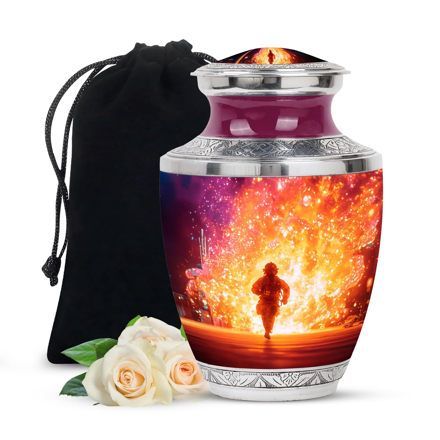 Peony Pink Firefighter Cremation Urn side profile showing urn shape - contemporary firefighter design with modern artistic flair - full-size 10 inch 200 cubic inch adult cremation urn
