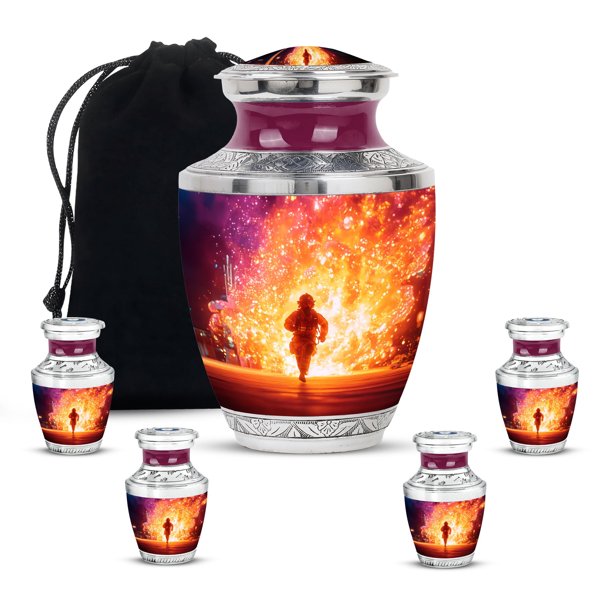 Rose Pink Firefighter Cremation Urn lifestyle display on memorial shelf - modern art-inspired firefighter motif on sleek aluminum - memorial set with one large and four small urns