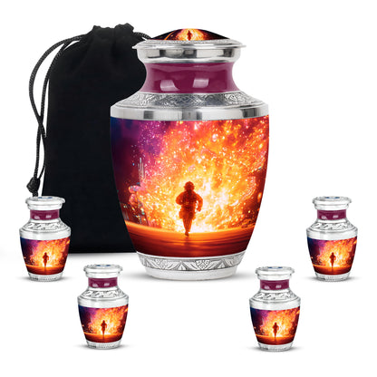 Rose Pink Firefighter Cremation Urn lifestyle display on memorial shelf - modern art-inspired firefighter motif on sleek aluminum - memorial set with one large and four small urns