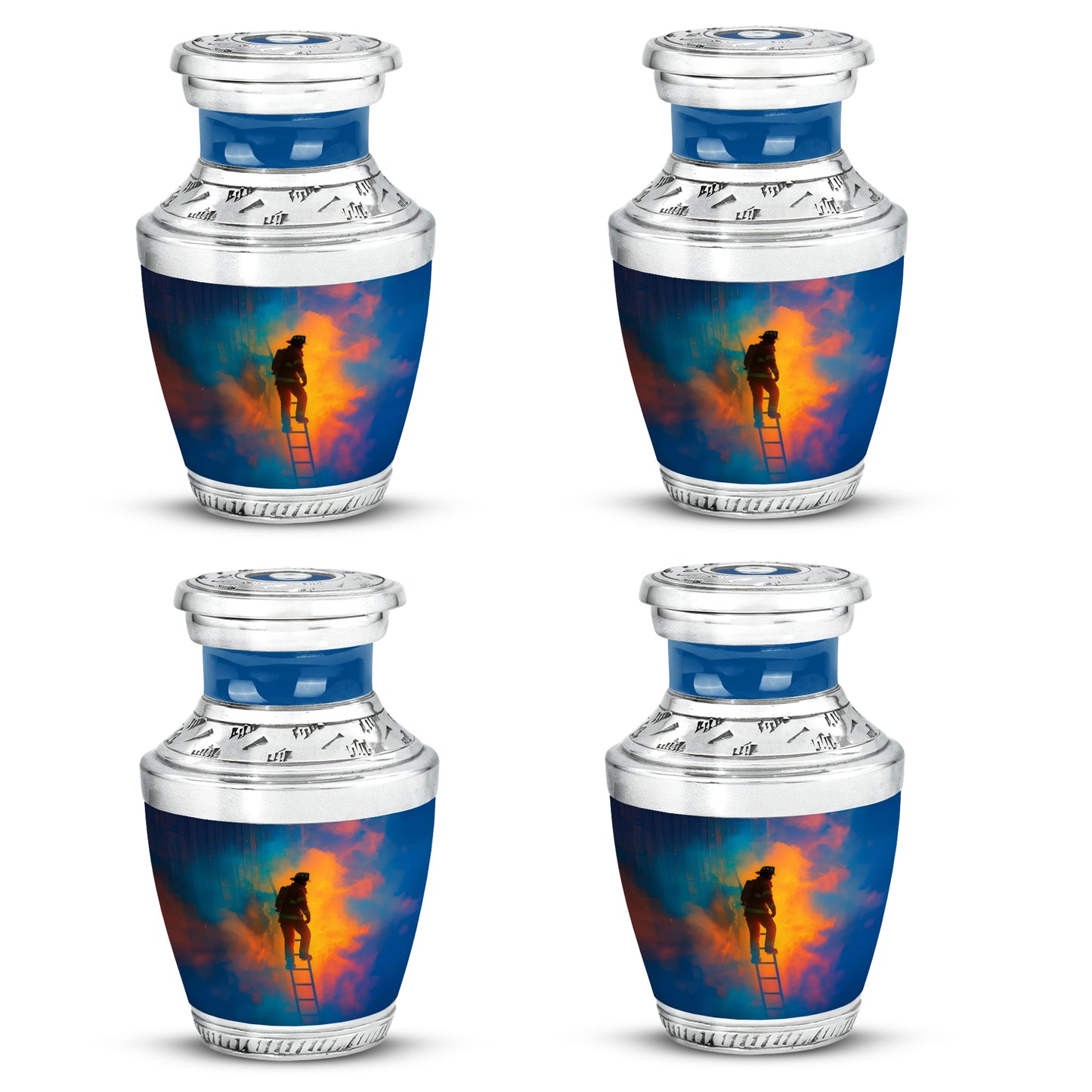 Misty Blue Firefighter Cremation Urn back view with polished surface - contemporary firefighter design with modern artistic flair - 10 inch aluminum urn for cremated remains