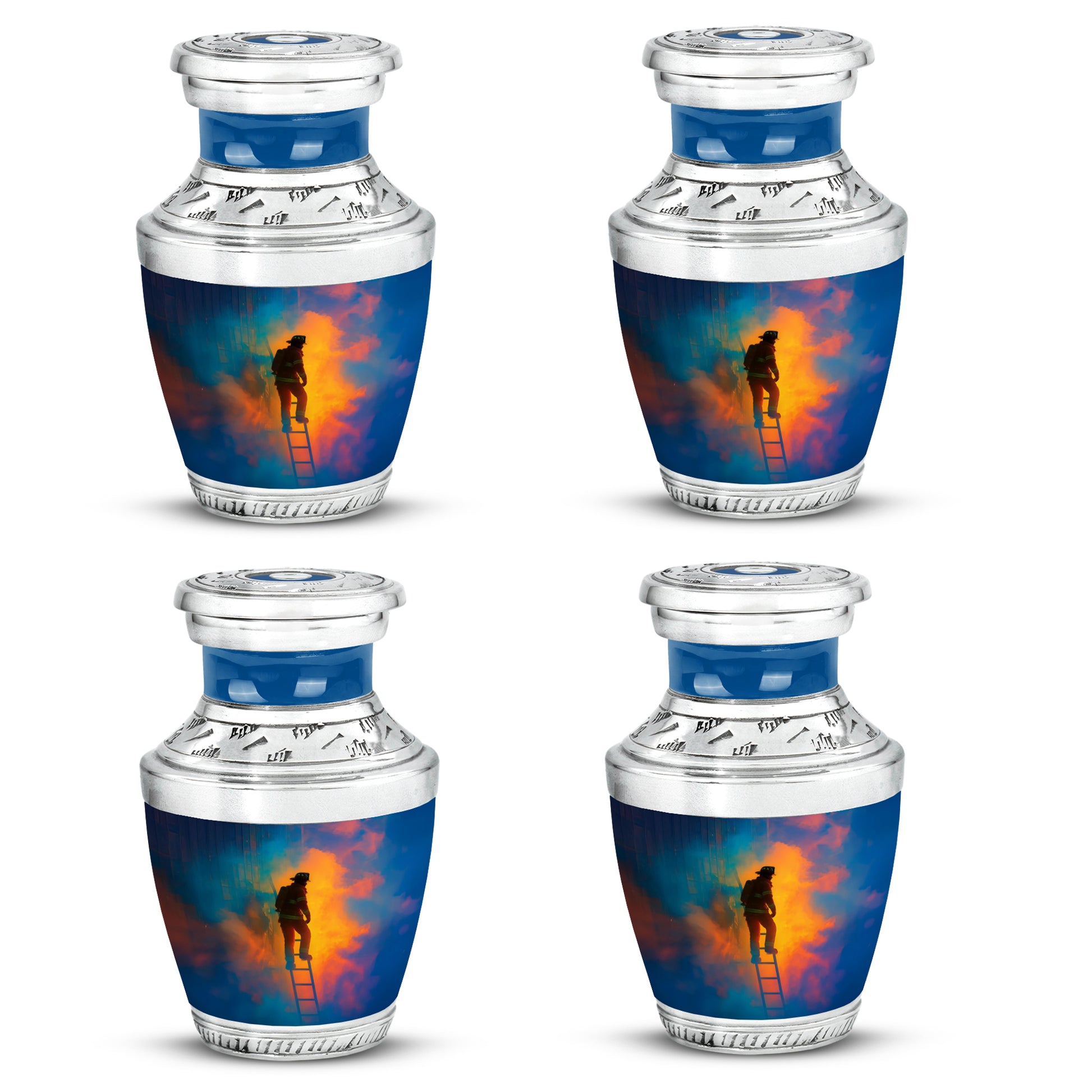 Misty Blue Firefighter Cremation Urn back view with polished surface - contemporary firefighter design with modern artistic flair - 10 inch aluminum urn for cremated remains