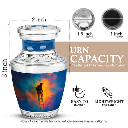 Royal Blue Firefighter Cremation Urn top-down view of secure threaded lid - artistic firefighter interpretation with creative detail - mini keepsake memorial for portion of cremation ashes