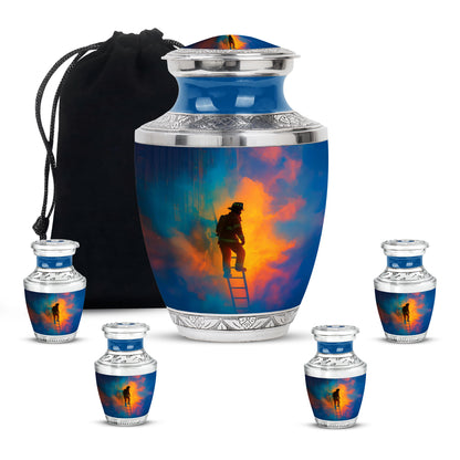 Steel Blue Firefighter Cremation Urn lifestyle display on memorial shelf - stylized abstract firefighter pattern with bold lines - memorial set with one large and four small urns