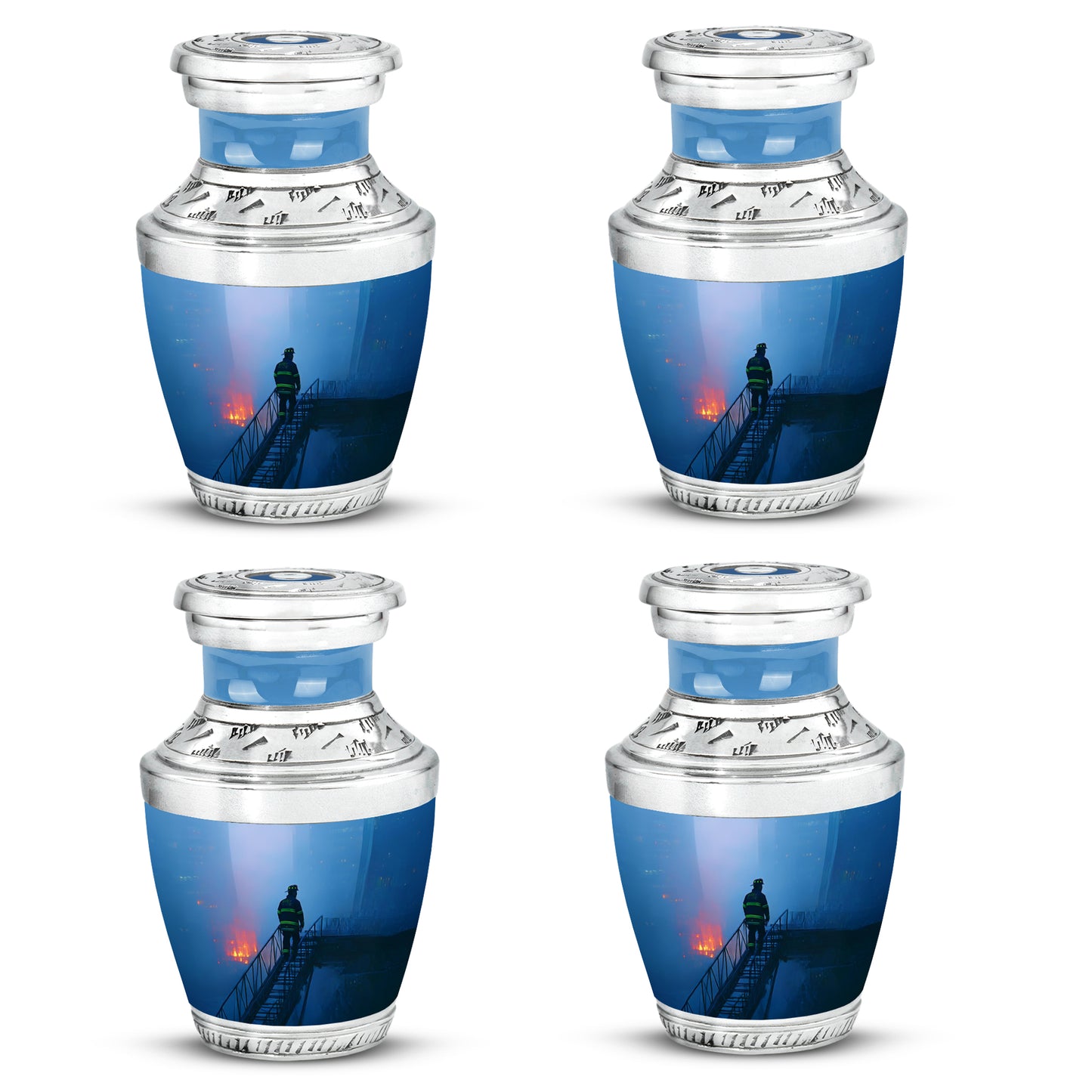 Calming Blue Firefighter Cremation Urn back view with polished surface - stylized abstract firefighter pattern with bold lines - 10 inch aluminum urn for cremated remains