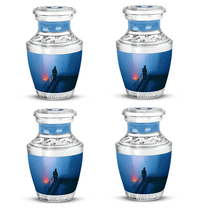 Calming Blue Firefighter Cremation Urn back view with polished surface - stylized abstract firefighter pattern with bold lines - 10 inch aluminum urn for cremated remains