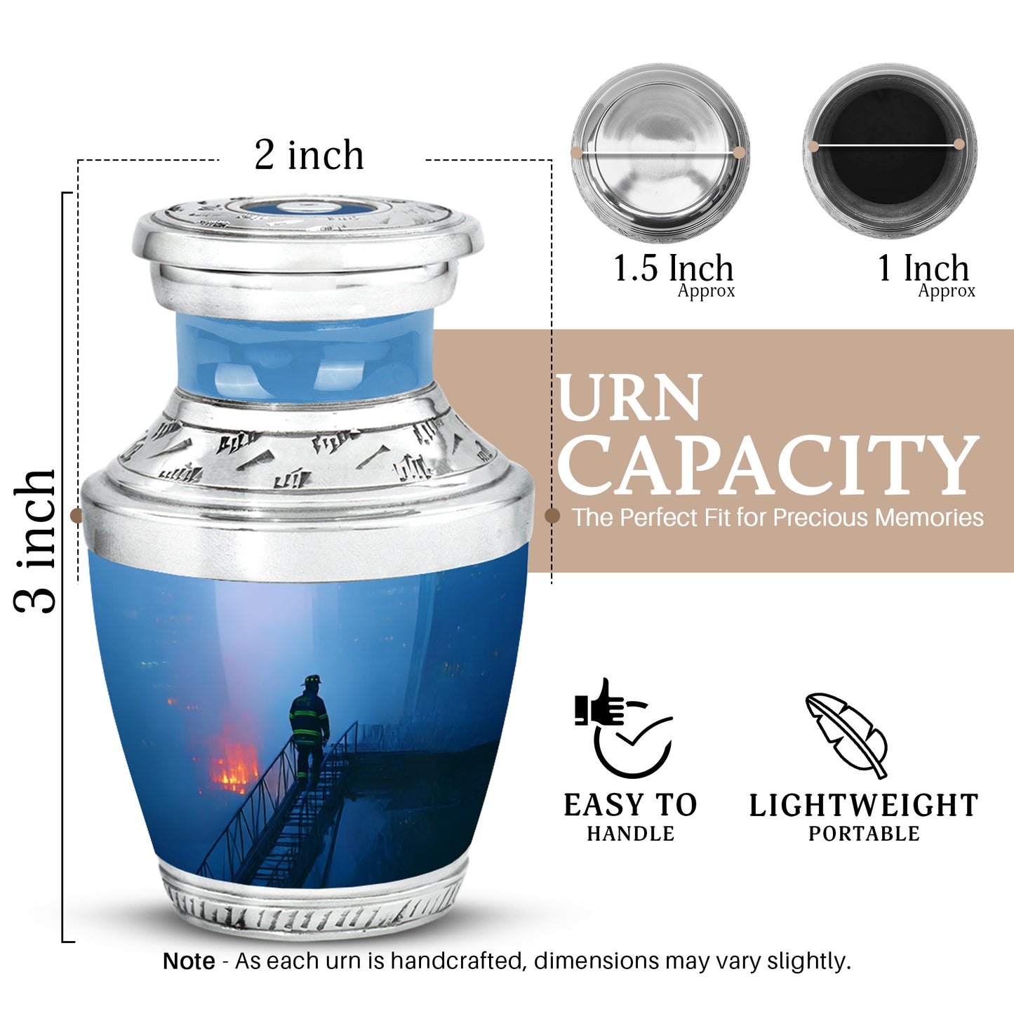 Indigo Firefighter Cremation Urn top-down view of secure threaded lid - modern art-inspired firefighter motif on sleek aluminum - mini keepsake memorial for portion of cremation ashes