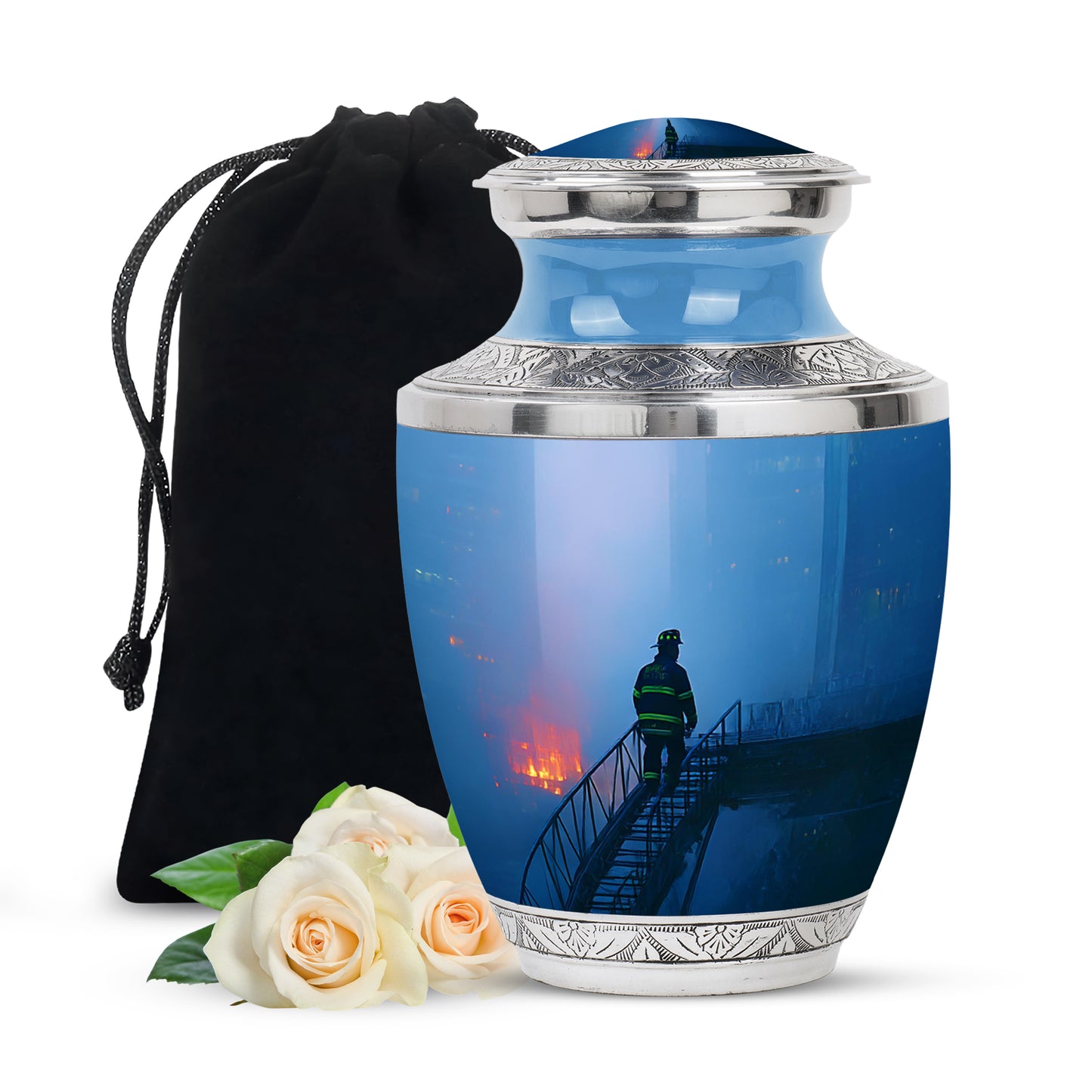 Celestial Blue Firefighter Cremation Urn side profile showing urn shape - modern art-inspired firefighter motif on sleek aluminum - full-size 10 inch 200 cubic inch adult cremation urn