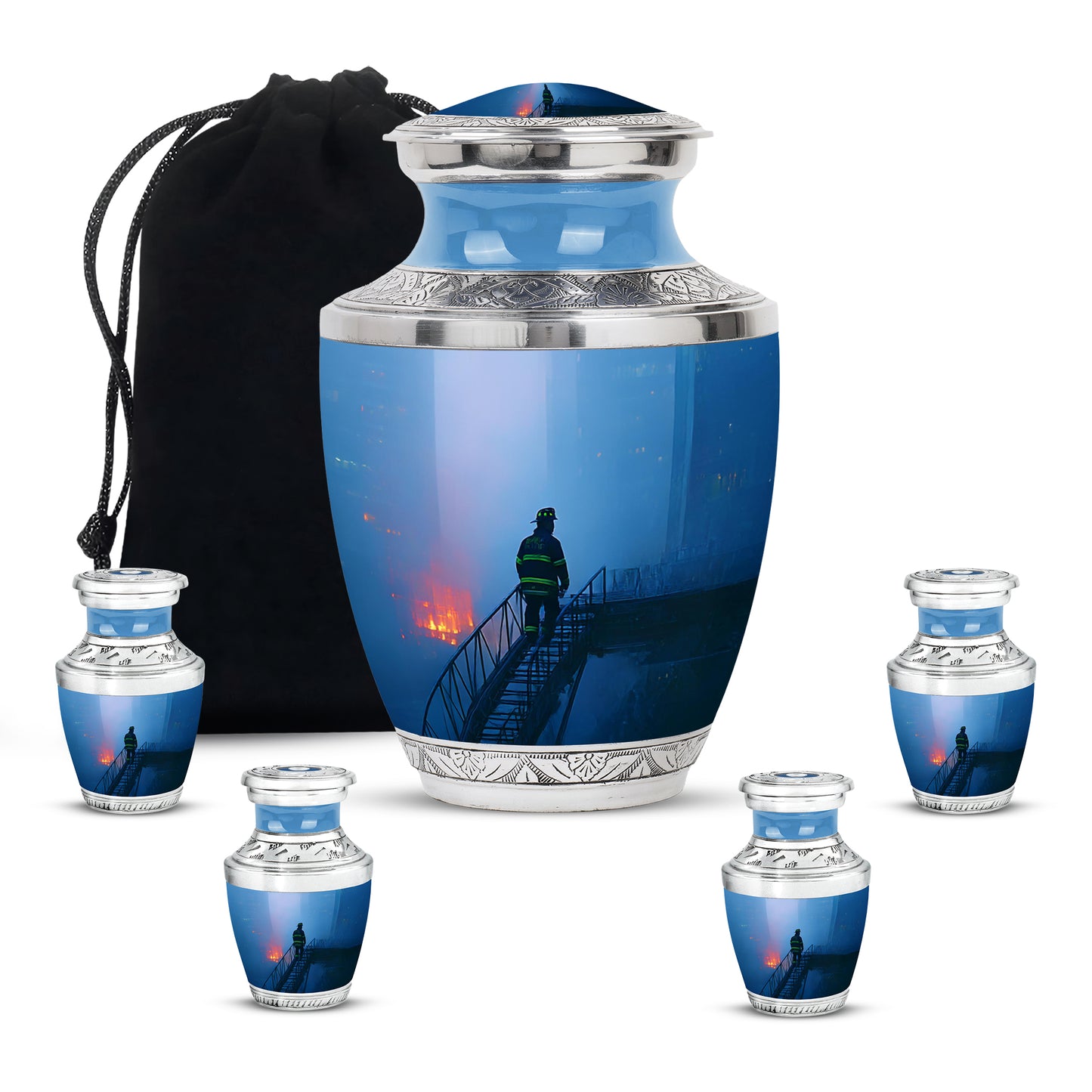 Celestial Blue Firefighter Cremation Urn lifestyle display on memorial shelf - modern art-inspired firefighter motif on sleek aluminum - memorial set with one large and four small urns