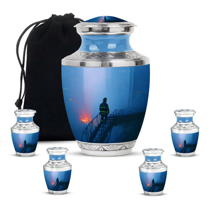 Celestial Blue Firefighter Cremation Urn lifestyle display on memorial shelf - modern art-inspired firefighter motif on sleek aluminum - memorial set with one large and four small urns