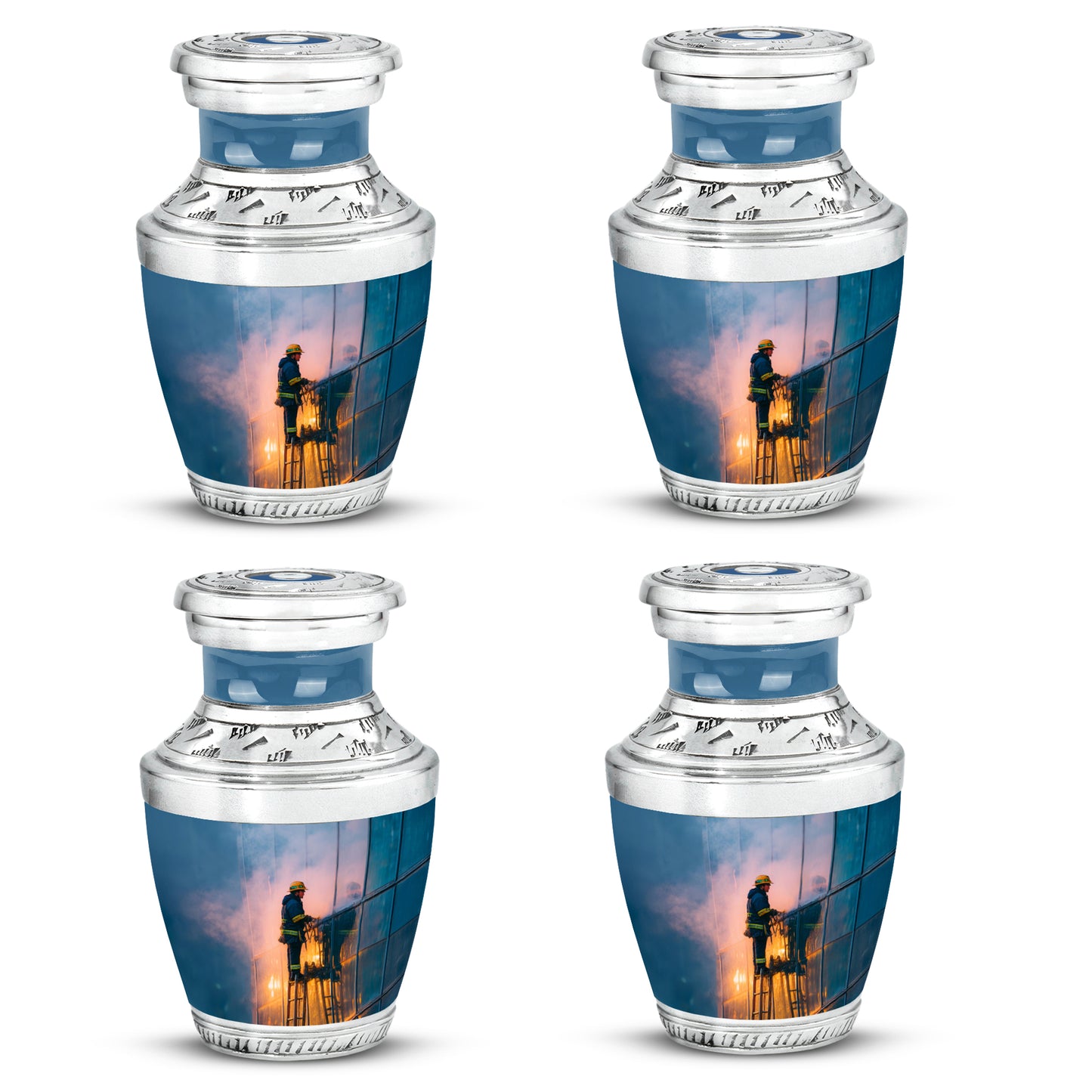 Powder Blue Firefighter Cremation Urn back view with polished surface - contemporary firefighter design with modern artistic flair - 10 inch aluminum urn for cremated remains