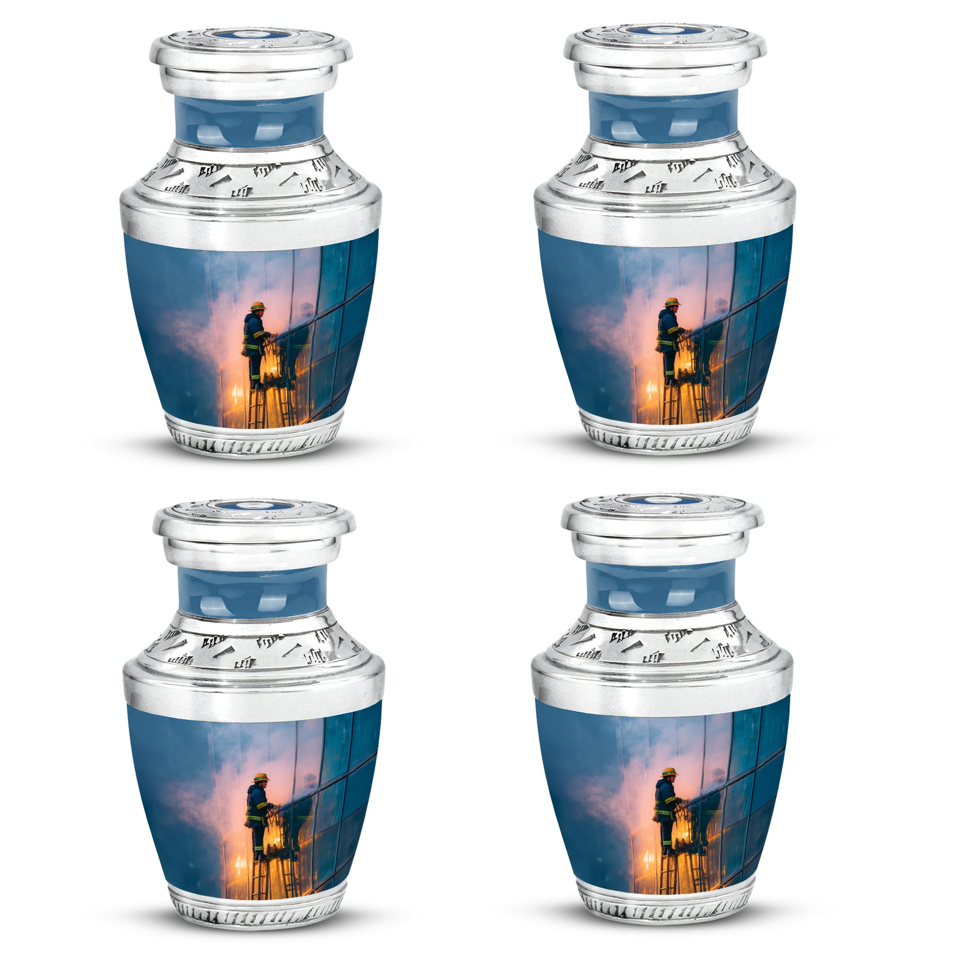 Powder Blue Firefighter Cremation Urn back view with polished surface - contemporary firefighter design with modern artistic flair - 10 inch aluminum urn for cremated remains