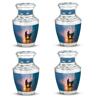Powder Blue Firefighter Cremation Urn back view with polished surface - contemporary firefighter design with modern artistic flair - 10 inch aluminum urn for cremated remains