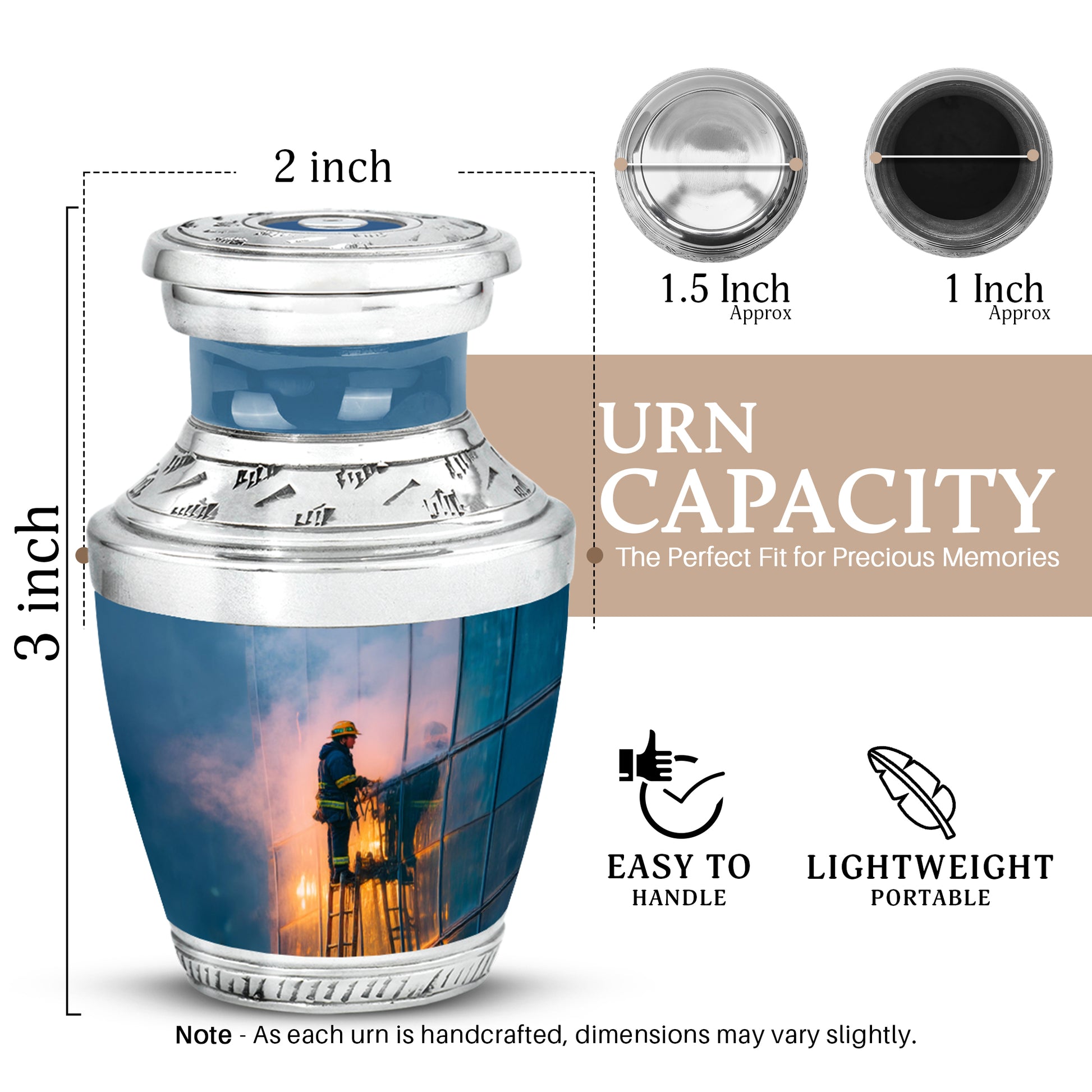Serene Blue Firefighter Cremation Urn top-down view of secure threaded lid - artistic firefighter interpretation with creative detail - mini keepsake memorial for portion of cremation ashes