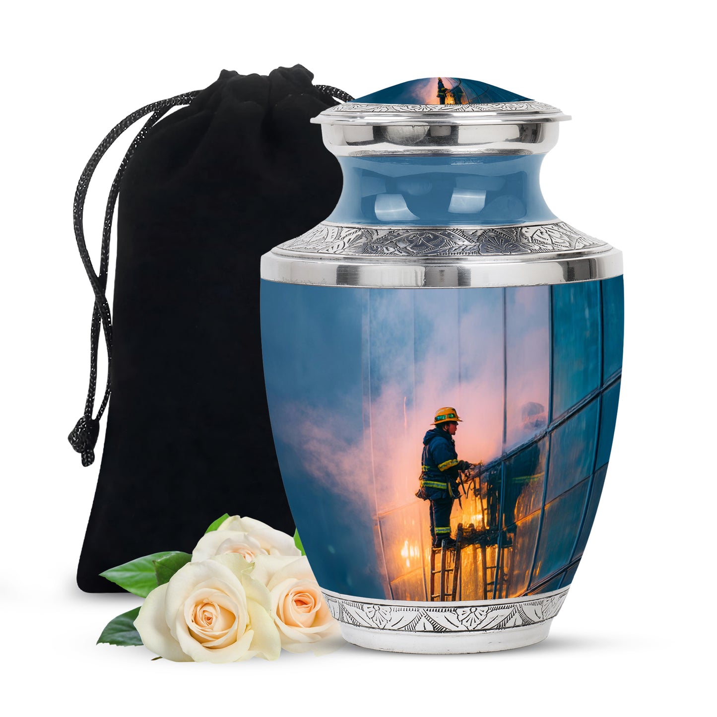 Serene Blue Firefighter Cremation Urn side profile showing urn shape - artistic firefighter interpretation with creative detail - full-size 10 inch 200 cubic inch adult cremation urn