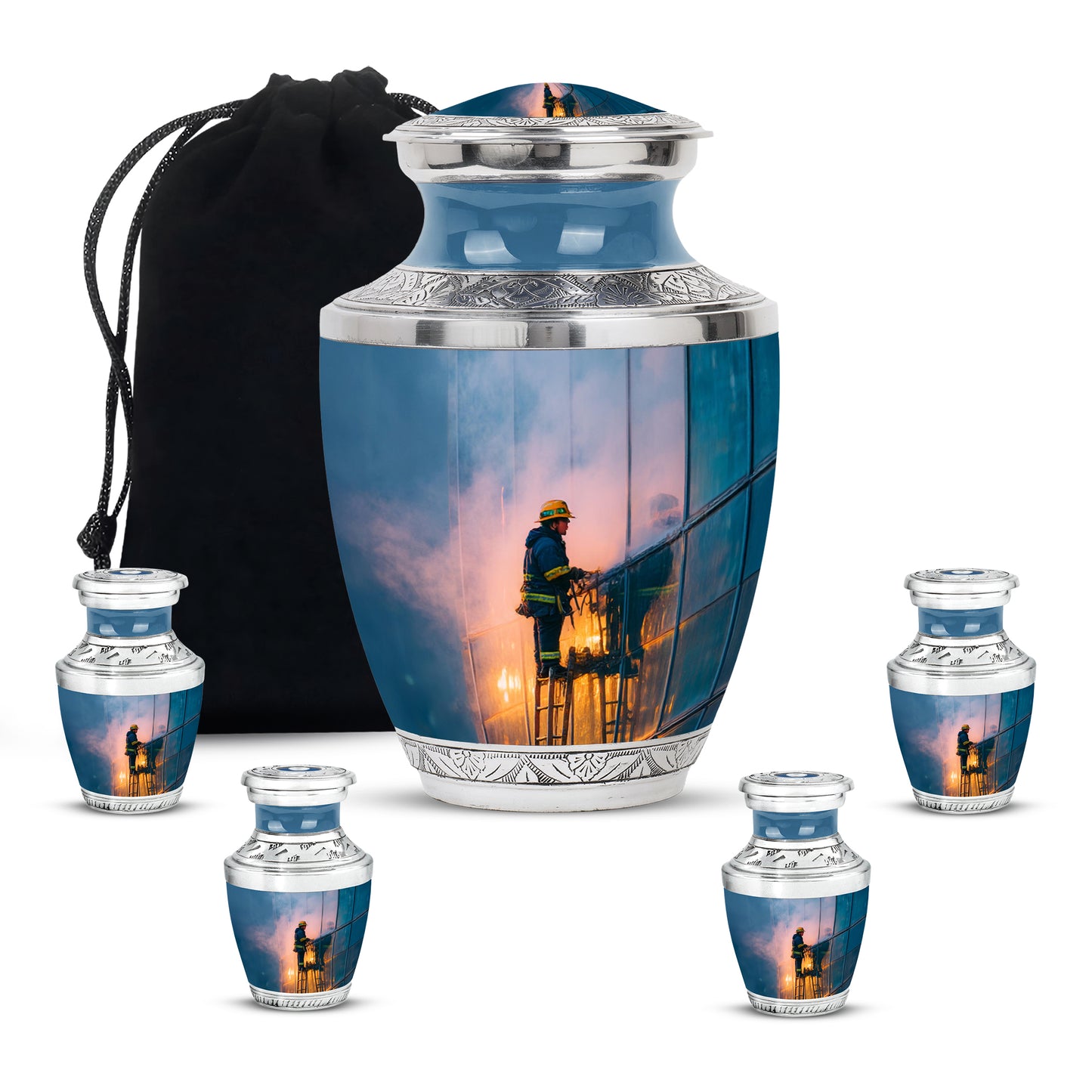 Dusty Blue Firefighter Cremation Urn lifestyle display on memorial shelf - contemporary firefighter design with modern artistic flair - memorial set with one large and four small urns