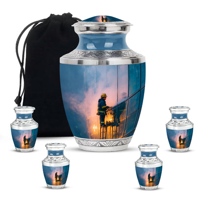 Dusty Blue Firefighter Cremation Urn lifestyle display on memorial shelf - contemporary firefighter design with modern artistic flair - memorial set with one large and four small urns