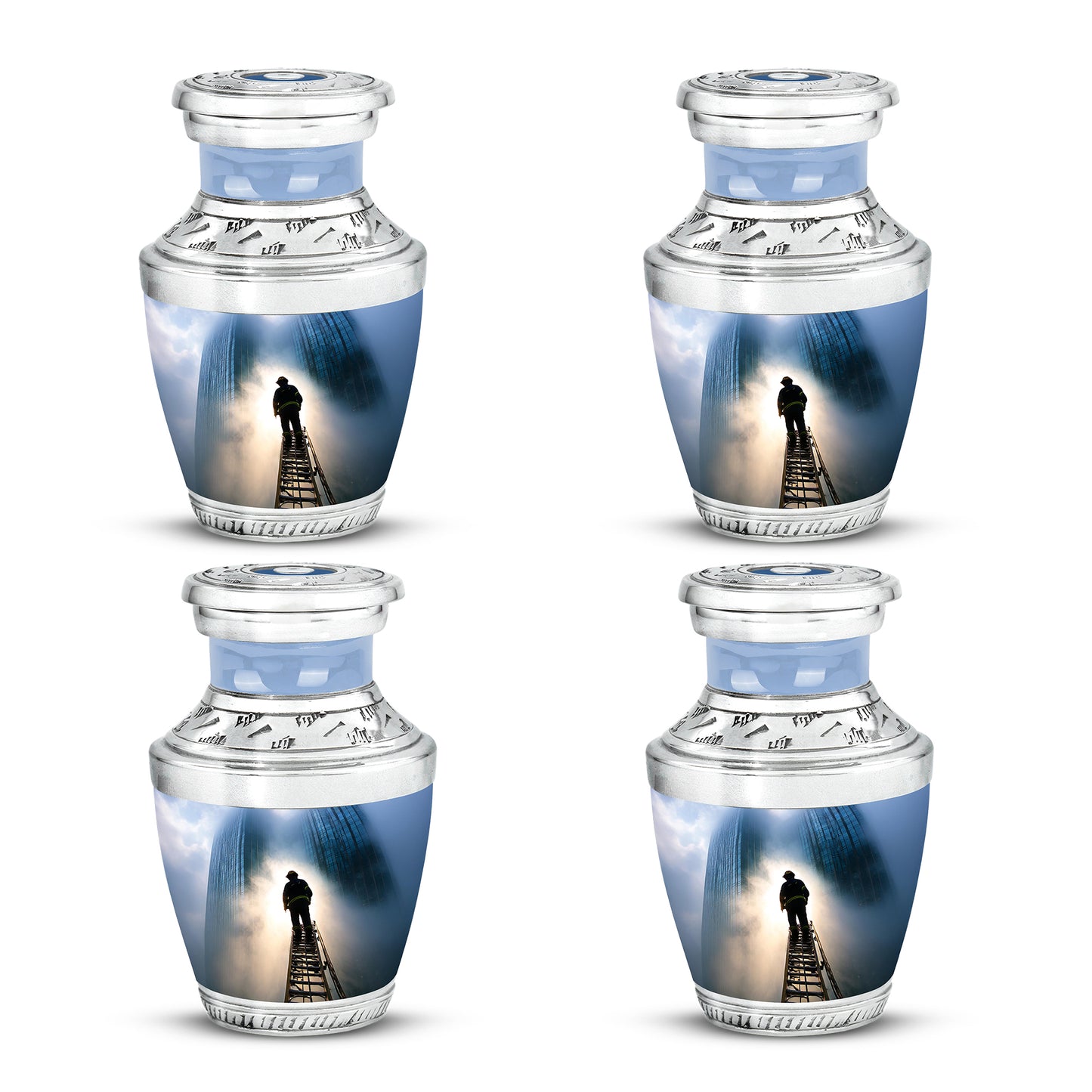 Misty Blue Firefighter Cremation Urn back view with polished surface - contemporary firefighter design with modern artistic flair - 10 inch aluminum urn for cremated remains