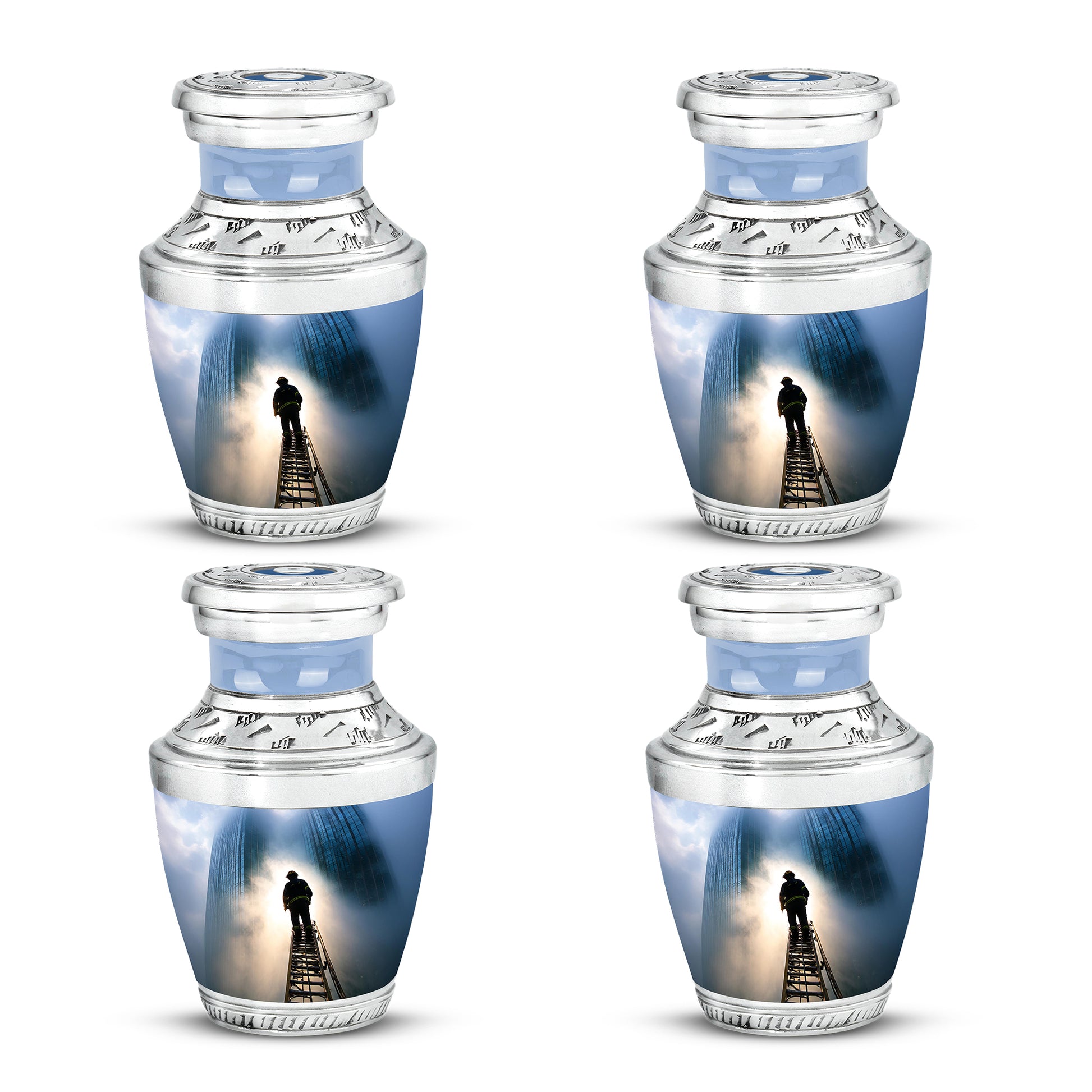 Misty Blue Firefighter Cremation Urn back view with polished surface - contemporary firefighter design with modern artistic flair - 10 inch aluminum urn for cremated remains