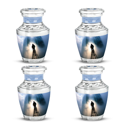 Misty Blue Firefighter Cremation Urn back view with polished surface - contemporary firefighter design with modern artistic flair - 10 inch aluminum urn for cremated remains
