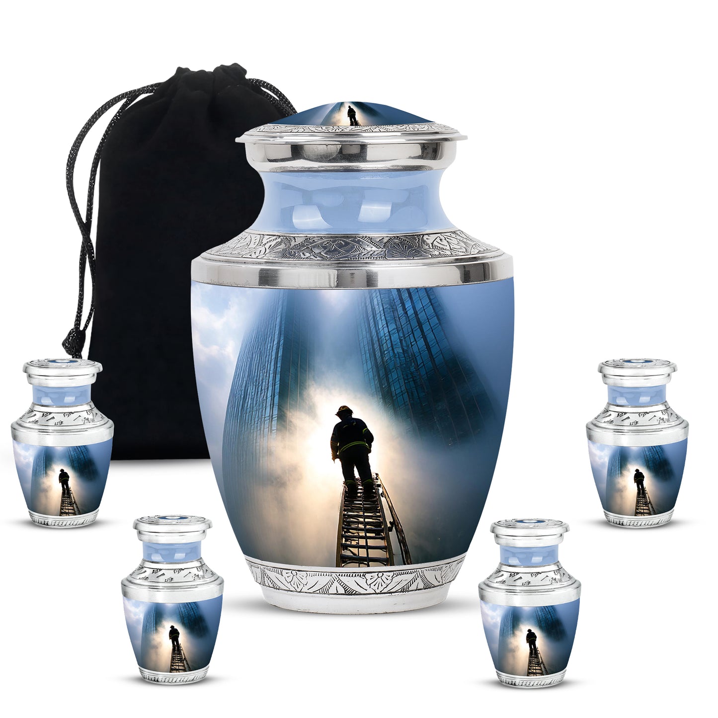 Pastel Blue Firefighter Cremation Urn lifestyle display on memorial shelf - contemporary firefighter design with modern artistic flair - memorial set with one large and four small urns