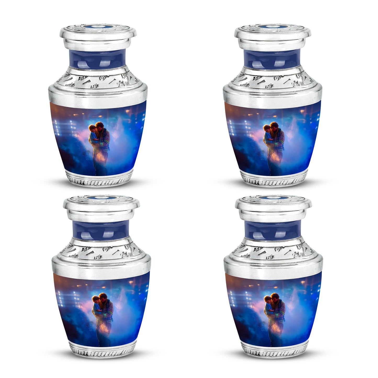 Calming Blue Firefighter Cremation Urn back view with polished surface - stylized abstract firefighter pattern with bold lines - 10 inch aluminum urn for cremated remains