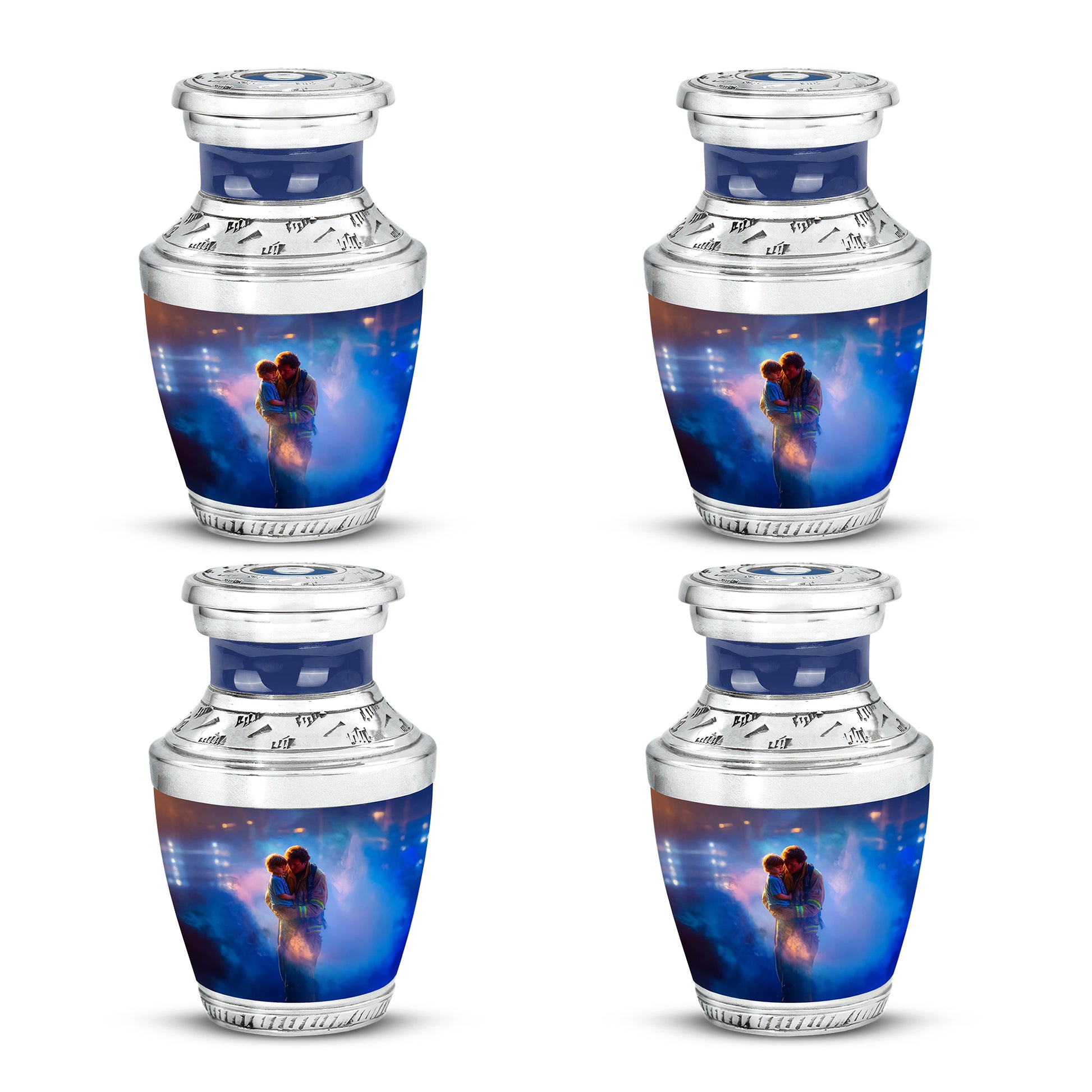 Calming Blue Firefighter Cremation Urn back view with polished surface - stylized abstract firefighter pattern with bold lines - 10 inch aluminum urn for cremated remains