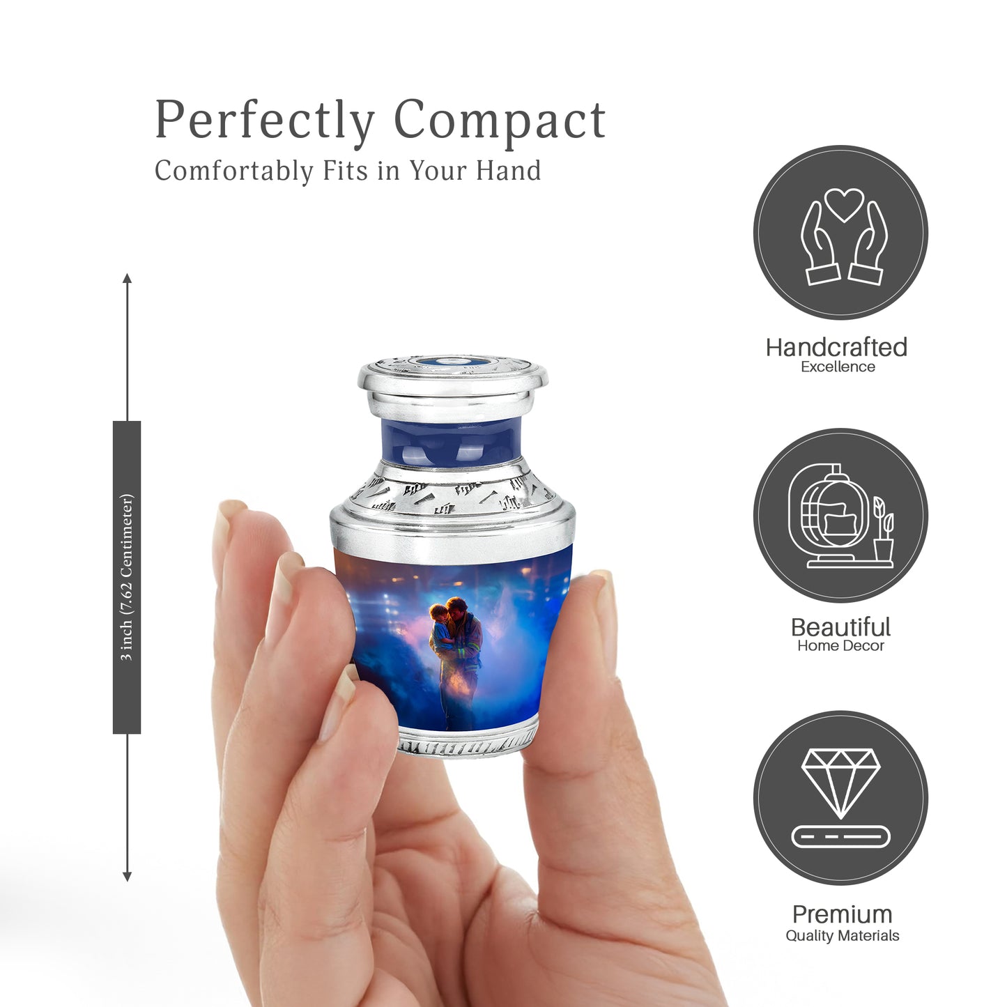 Serene Blue Firefighter Cremation Urn top-down view of secure threaded lid - stylized abstract firefighter pattern with bold lines - mini keepsake memorial for portion of cremation ashes