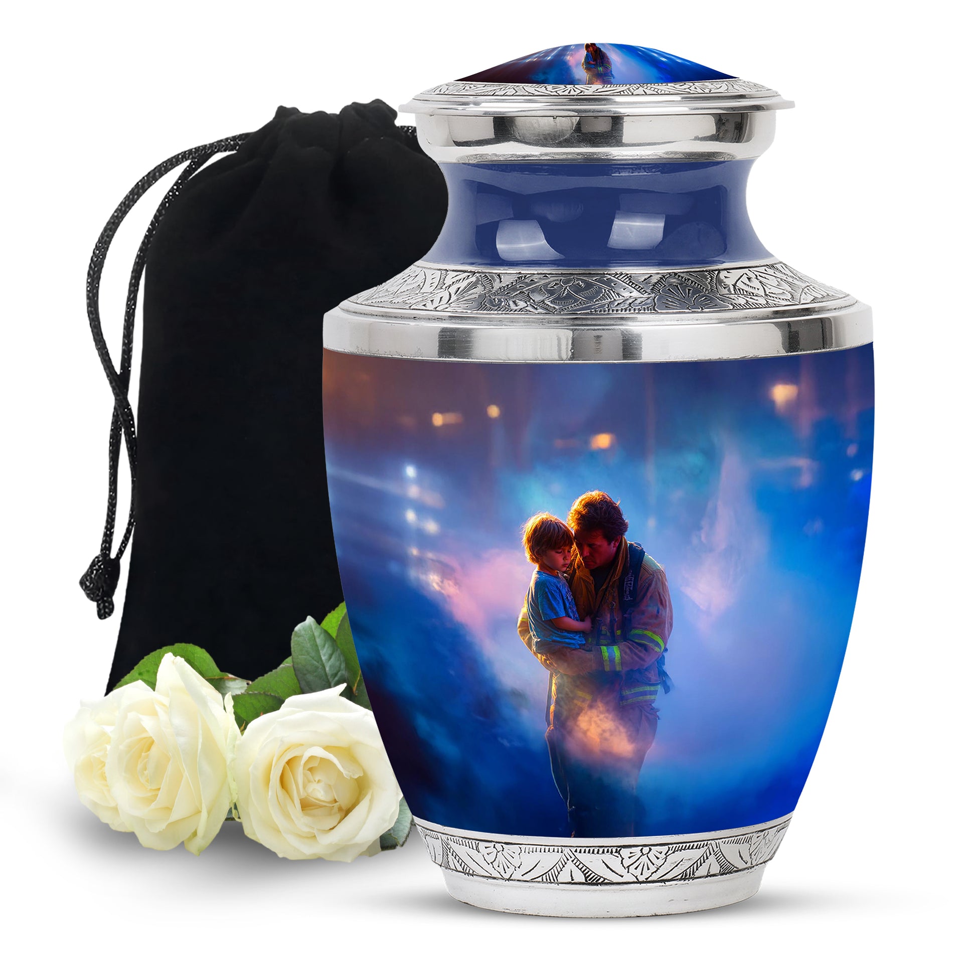 Steel Blue Firefighter Cremation Urn side profile showing urn shape - stylized abstract firefighter pattern with bold lines - full-size 10 inch 200 cubic inch adult cremation urn