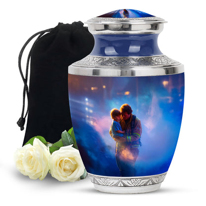 Steel Blue Firefighter Cremation Urn side profile showing urn shape - stylized abstract firefighter pattern with bold lines - full-size 10 inch 200 cubic inch adult cremation urn