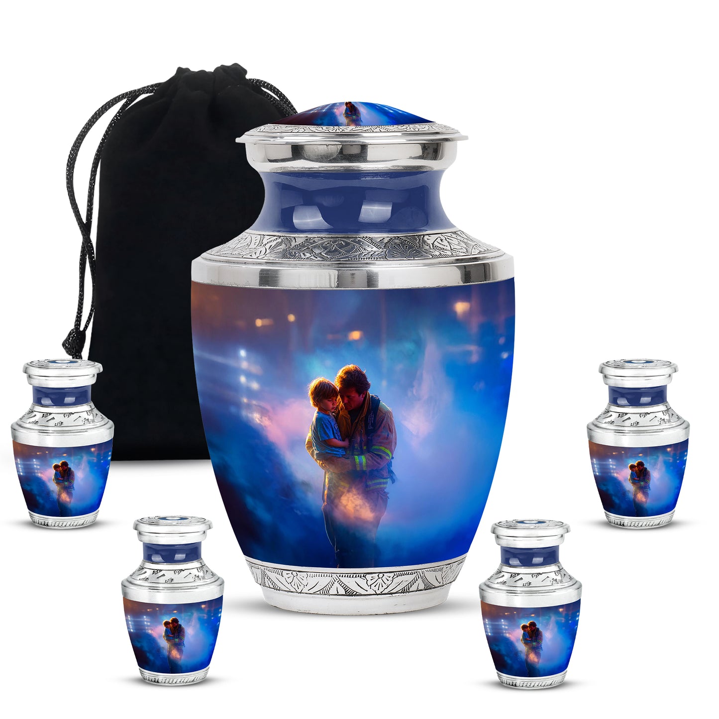 Misty Blue Firefighter Cremation Urn lifestyle display on memorial shelf - modern art-inspired firefighter motif on sleek aluminum - memorial set with one large and four small urns